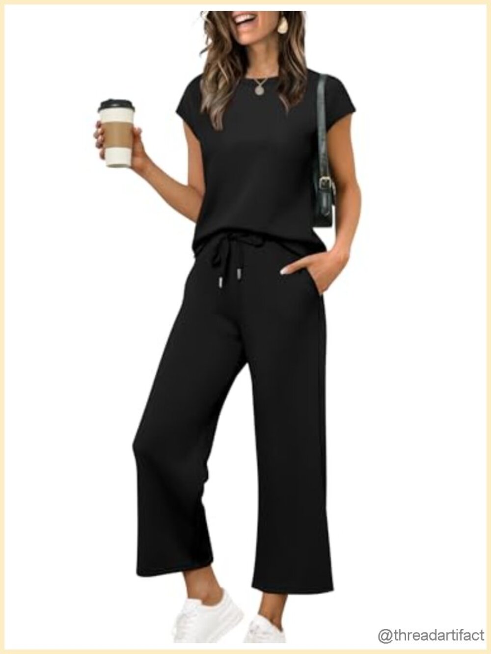 Women's Two Piece Set Cap Sleeve Top Wide Leg Crop Pants Lounge Set Summer